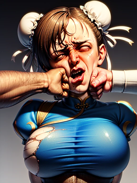 ((solo)),portrait,pov,(1girl),nsfw, (High quality, Ultra detailed, best quality, insanely detailed, beautiful,extremely detailed damege),8K,anime,toxic art,(((she is brutally knocked on the face:1.3))), (((monstrous men punching her cheek:1.2))), (((knocked in the face))), (((assaulted))), pain, (((her cheek is deformed by the violent impact:1.3))), (her chin is deformed by the impact),(((strangled woman view:1.17))), (scratch on face or breast),(Are Are crying, Weak and tired eyes, tears: 1.2),( Bruises or blood on the face or body, Blood flowing from the head and face, Bodily injury or injury, Wounds and cuts, Bleeding lips: 1.2), (Tattered clothes: 1.2), Bloodstains on clothes,(((torn clothes))), (((exposed naked breasts))), (((fast strangling movement effect:1.2))),break,(((chun-li was the torture death match victim,sf2 chun,young,24yo,double bun, bun cover, China dress, Chai Pao, Blue clothes, Puffy sleeves, Brown pantyhose, White Belt, huge breasts,thick body))),break,Arms tied,(breast bondage:1.3),shibari arms,bondage,(arms behind back:1.29),restraint rope,Sweaty body,tearsdrop,break,In the underground cage,Anatomically correct、Severe injuries to face and body、Ropes that dig into the body、Tied up with rope,