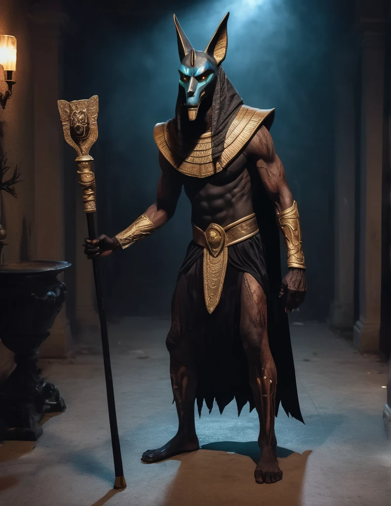 a man dressed as realistic zumbi Anubis halloween costume design, intimidating psychopathic man, anubis mask, dark energy, black costume, holding a staff, full body highly detailed, cinematic lighting, dramatic atmosphere party entrance, photorealistic, 8K, masterpiece