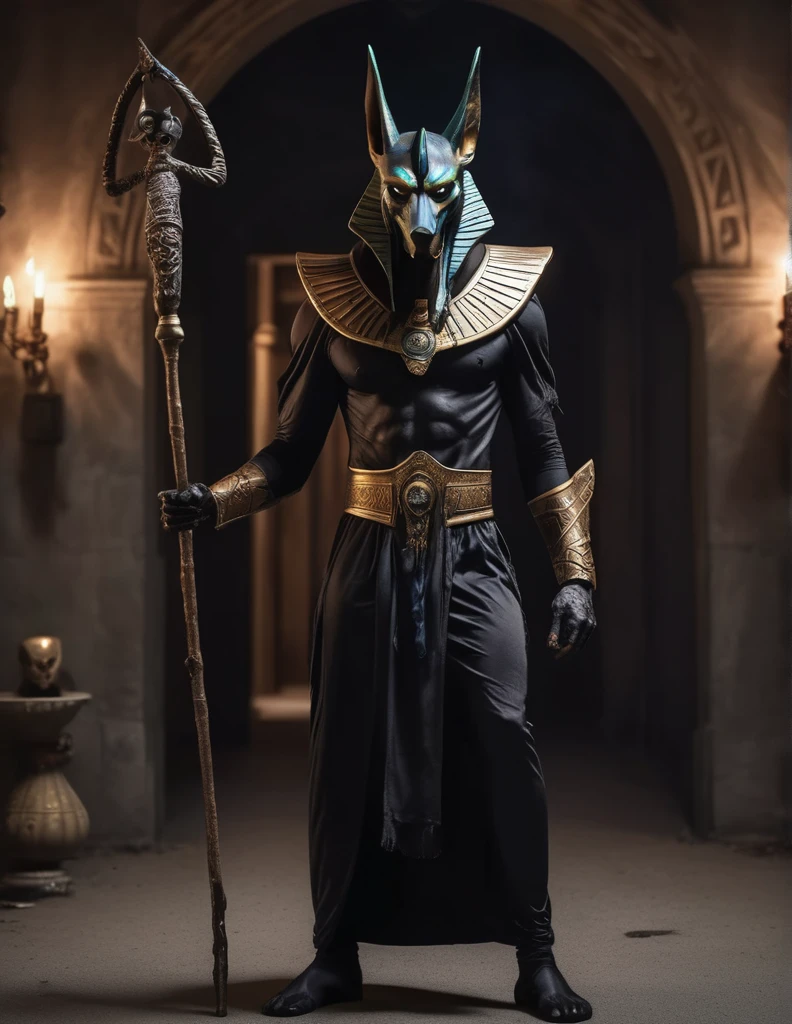 a man dressed as realistic zumbi Anubis halloween costume design, intimidating psychopathic man, anubis mask, dark energy, black costume, holding a staff, full body highly detailed, cinematic lighting, dramatic atmosphere party entrance, photorealistic, 8K, masterpiece