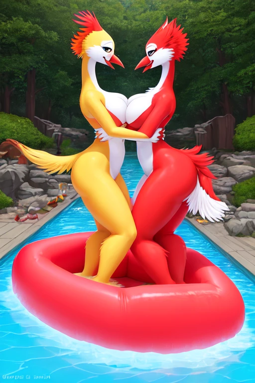 Serene, the alluring female anthropomorphic red-crowned crane in her red American bikini, is inflating her giant red inflatable raft by her pool. When Yuriko, the sexy female anthropomorphic red-crowned crane in her sexy red Japanese bikini, arrives to play with Serene. Yuriko marvels at Serene's giant red rubber raft. They mount on their giant inflatable red rubber raft and float lazily in Serene's pool. Then their raft magically inflates itself huge to fill her pool to the max. The red bikini crane ladies laugh as their situation gets silly. Serene asked Yuriko to pull the plug on Serene's raft valve. PSSH! As the raft slowly deflates, the bikini crane ladies giggle and hug each other on their half-deflated rubber raft. Serene and Yuriko hang out on their deflated raft floating on the water in Serene's pool.