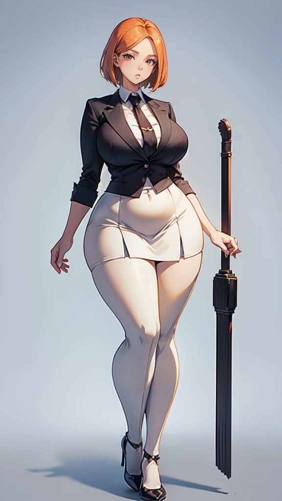 blank background, (((full body))), (masterpiece), ((best quality)), ((tall girl)), straight hair (curvy:1.7), (short skirt), shoes, belt below navel, ginger hair,, (black suit and tie), wide hips