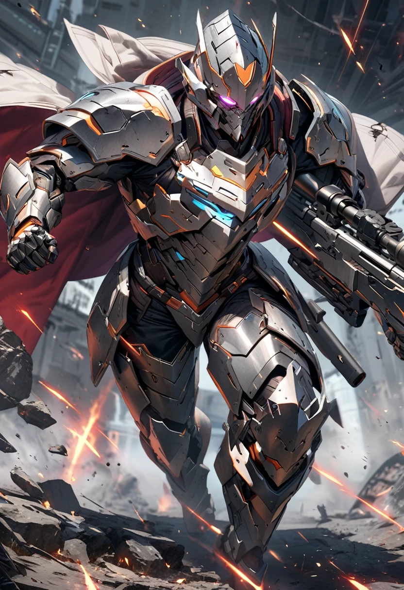 extremely detailed human warrior wearing futuristic high tech steel plate armor with psychically linked floating metal plates surrounding him with him wielding a futuristic high tech sniper rifle capable of a lot of damage