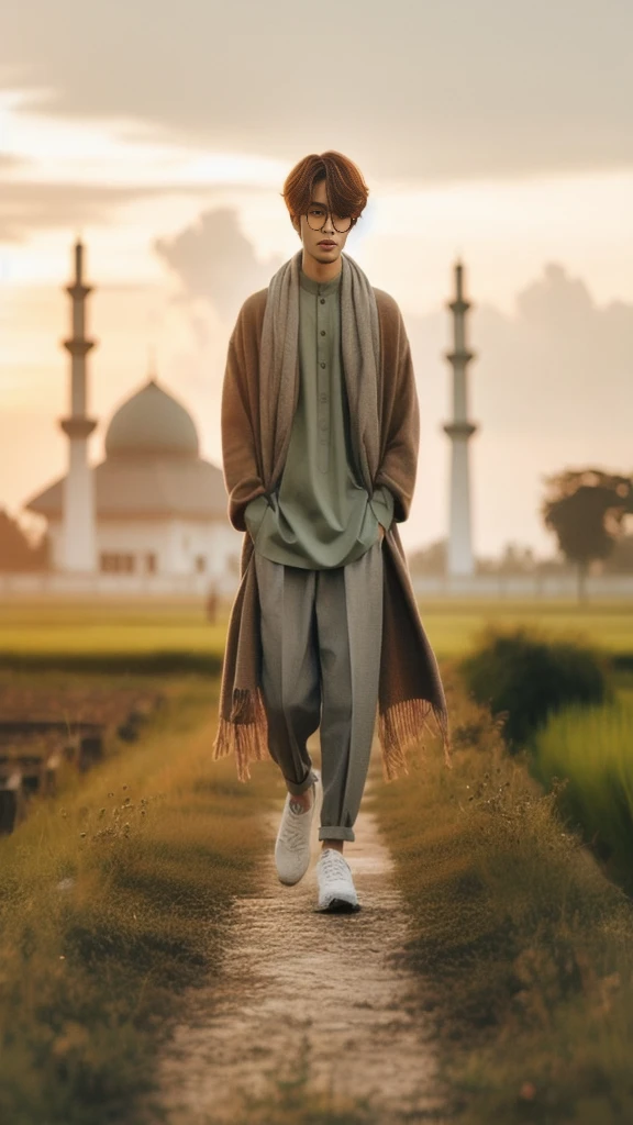 arafed man walking down a path with a coat over his shoulders, mid shot portrait, portrait shot, casual clothing style, dressed with long fluent clothes, cinematic outfit photo, medium shot portrait, inspired by Ismail Acar, by Basuki Abdullah, inspired by Amir Zand, mohamed chahin style, style of ade santora, taken at golden hour