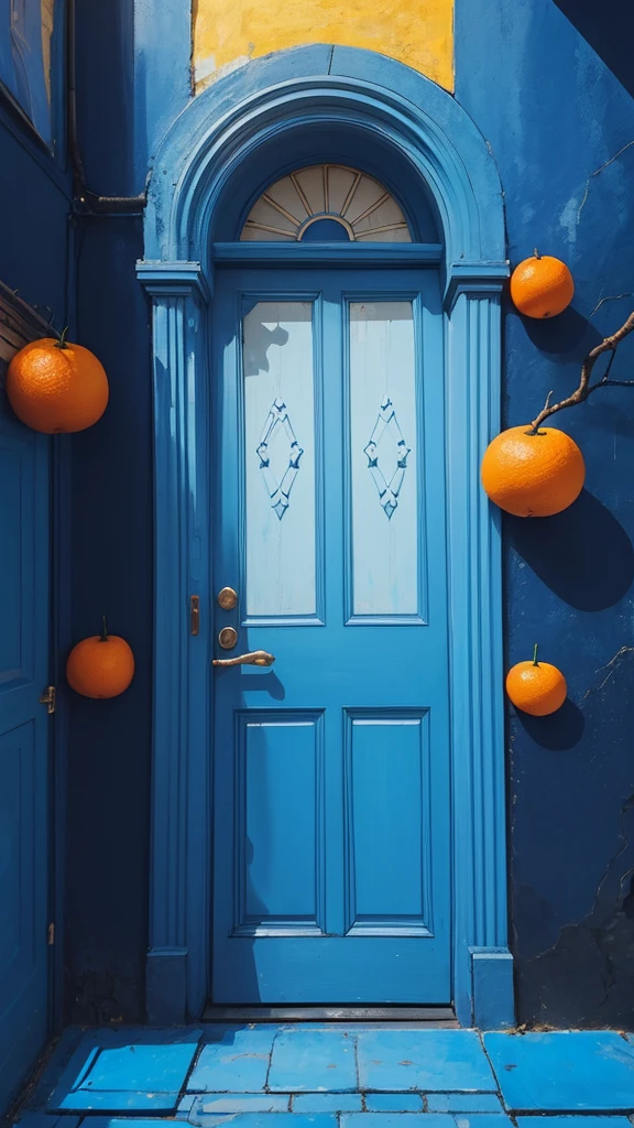 (masterpiece,Highest quality:8K) there is a blue door with a tree and oranges on it, blue and yellow theme, blue color theme, blue door, blue and yellow color theme, magical colours and atmosphere, magical colors and atmosphere, blue themed, blue theme, incredible colors, blue colors, azure tones, vibrant but dreary blue, blue colours, details and vivid colors, rich blue colors