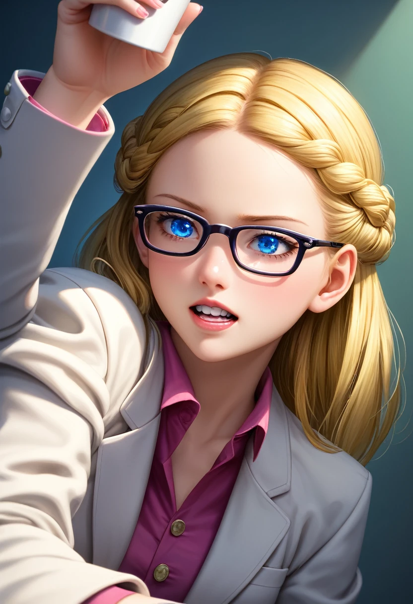 detailed illustration, dynamic angle, ultra-detailed, illustration, clean line art, shading, anime, detailed eyes, detailed face, beautiful face, dramatic lighting, ultra-detailed, illustration, single woman, masterpiece, masterwork, beautiful, blue eyes, show whole body in shot,
Thin, willowy, lithe, a cup breasts, narrow hips, creamy white skin, pale skin tone, blonde hair in a french braid with bangs, lab coat, glasses, professional, shy, quiet, mousy, conservatively dressed, puritanical, college age, look of pain on face, yelling, veins bulging, hunched over, hugging self, in pain, hurt, clothes ripping, muscles bulging, muscles growing, legs curled up