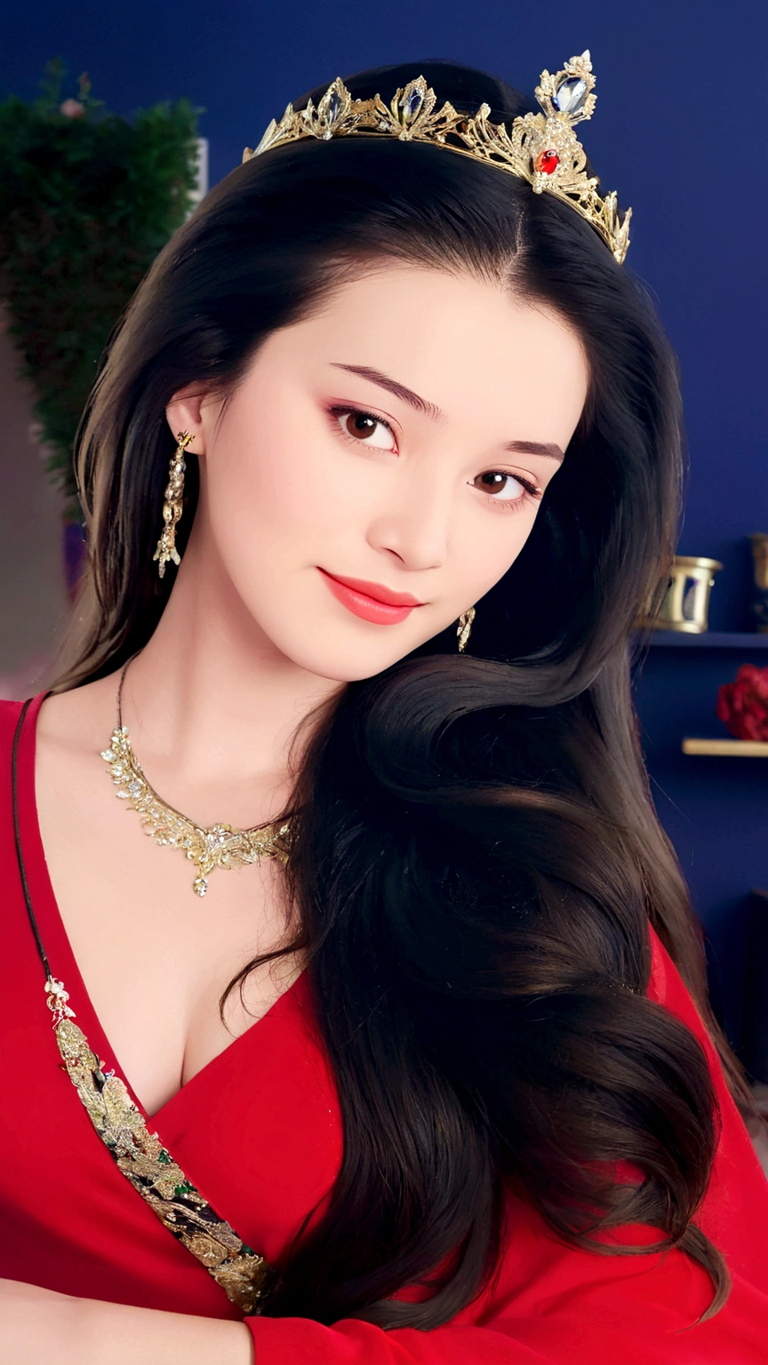 Close-up of a woman in a red dress and gold jewelry，Royal Sister，Superb beauty，a queen，Beautiful and elegant queen, portrait of a queen,  Xianxia, a beautiful fantasy empress, xianxia fantasy, Beautiful young wind spirit, inspired by Li Mei-shu, ((a beautiful fantasy empress)), xianxia hero, 3 d anime realistic, full-body xianxia, Smooth anime CG art