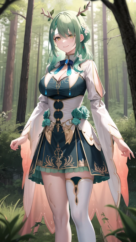 masterpiece, best quality, highres, hmcf, long hair, antlers, branch, braided bangs, hair flower, yellow eyes, large breasts, jewelry, dress, cleavage, wide sleeves, green flower, single thighhigh, white thighhighs, cowboy shot, standing, forest, arms at sides, straight-on, smile,