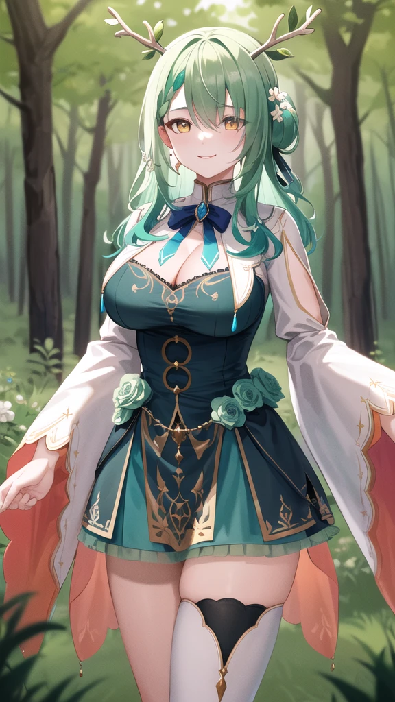 masterpiece, best quality, highres, hmcf, long hair, antlers, branch, braided bangs, hair flower, yellow eyes, large breasts, jewelry, dress, cleavage, wide sleeves, green flower, single thighhigh, white thighhighs, cowboy shot, standing, forest, arms at sides, straight-on, smile,