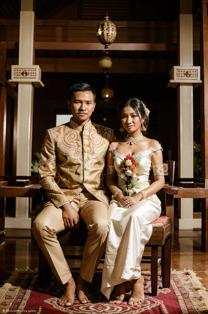 Indonesian wedding photos. the bride and groom with traditional east javanese wedding decorations. the man wears a traditional east javanese wedding dress and the bride wears a typical east javanese wedding dress. behind it there is a wedding chair, and decorations that say "luxman & taylor swift".
