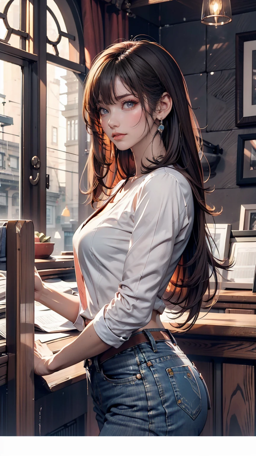 Detailed character sheet, Front view, Side view, Oblique view, with a white returnground, show women, 30 years old, with short dark brown hair combed return, Light casual clothing, Wearing tight denim jeans. The seat includes different angles, Front desk etc.., return, and Side views, Model and Reference Sheets, Full body painting. The ratio is based on 7.5 Head Scale.