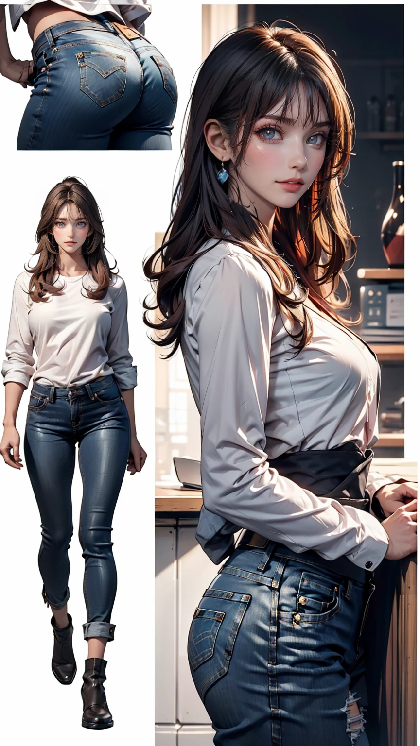 Detailed character sheet, Front view, Side view, Oblique view, with a white returnground, show women, 30 years old, with short dark brown hair combed return, Light casual clothing, Wearing tight denim jeans. The seat includes different angles, Front desk etc.., return, and Side views, Model and Reference Sheets, Full body painting. The ratio is based on 7.5 Head Scale.