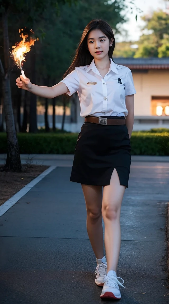 18 year old woman in Thai university uniform, white shirt, black skirt, brown belt, white sneakers, fire around her, fire on foreground ans background in the dark, realistic photo, high detail, fantasy, dynamic pose