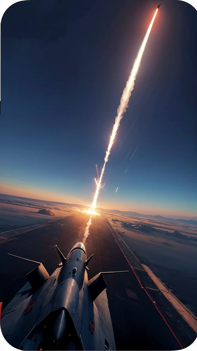 "A missile being fired at the monster from a fighter jet's perspective."noght