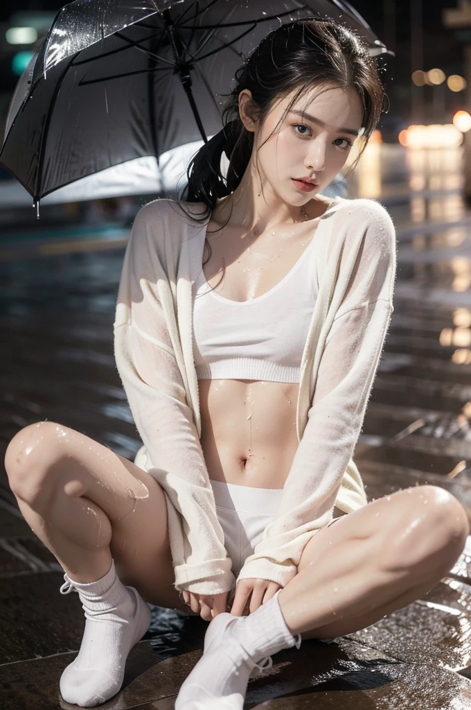(((best quality))),(((ultra detailed))),(((masterpiece))),illustration,((1 beautiful girl,solo)),((slim,thin)),short ponytail,((small breasts,flat chest)),white long-sleeved shirt,navel,briefs,slender legs,white socks,slippers,rainy night, heavy rain, drenched clothes, melancholy expression, solitude, tear rolling down cheek, wet hair, empty streets, dimly lit, deserted environment, sound of rain, footsteps, symbol of hope, abandoned, resilience, determination, walking in rain, heartbreak, loss, love fading, loneliness, body language, facial expression, dreary atmosphere, rain-soaked streets, somber mood, viewer engagement,from front,urban scape,night scene,(((wet,sweat,shiny skin))),((sitting on the ground,arms behind back,spread legs apart)),