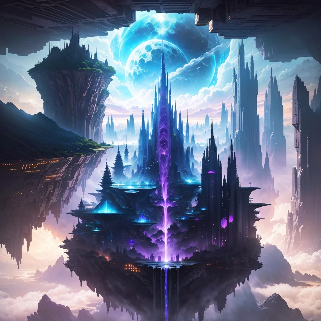 A huge fantastical sci-fi city, aether city, floating aerial metropolis, towering skyscrapers, massive waterfall, celestial planets in the sky, surrounded by clouds, cosmic architecture, violet energy scars around, central massive castle, astral sky