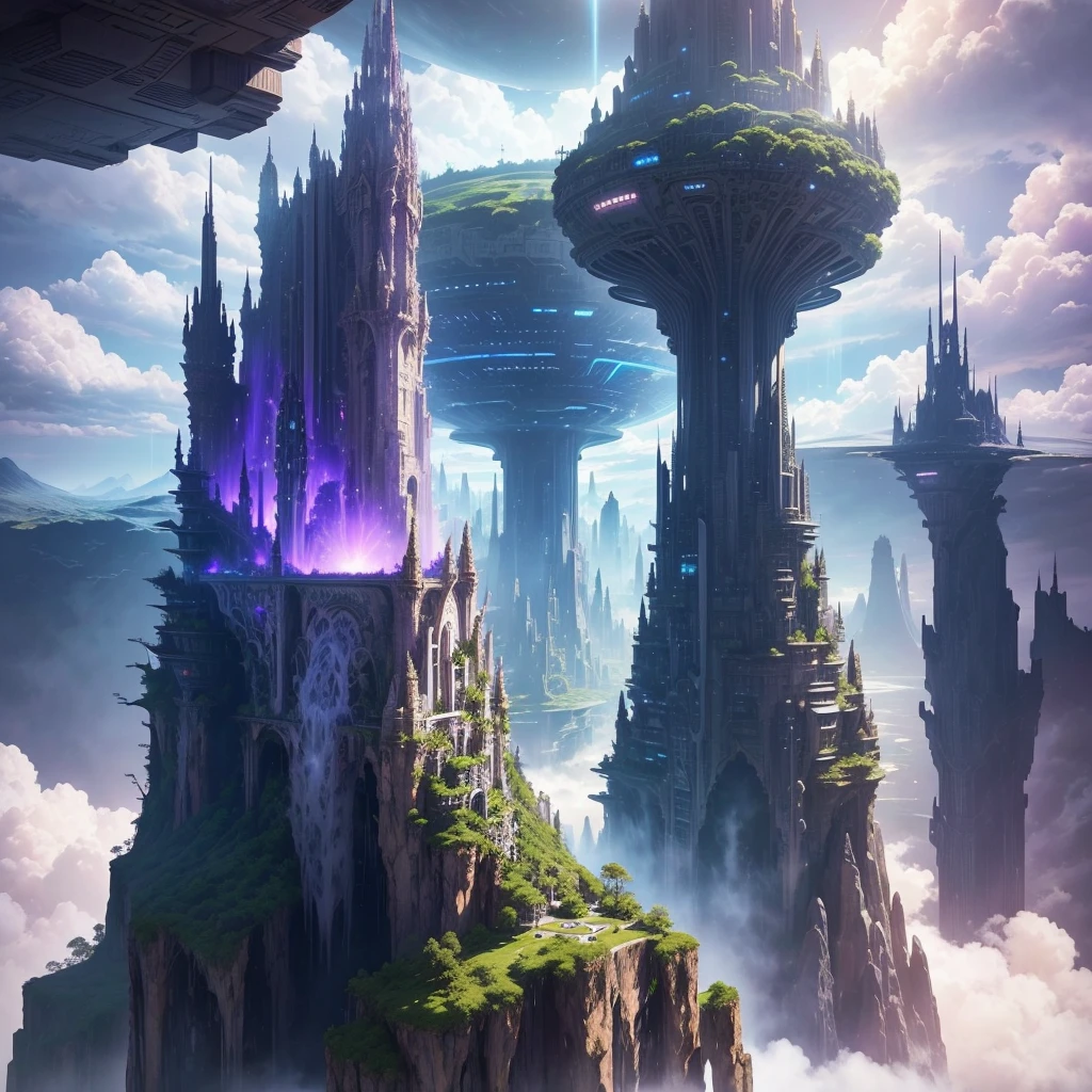 A huge fantastical sci-fi city, aether city, floating aerial metropolis, towering skyscrapers, massive waterfall, celestial planets in the sky, surrounded by clouds, cosmic architecture, violet energy scars around, central massive castle, astral sky