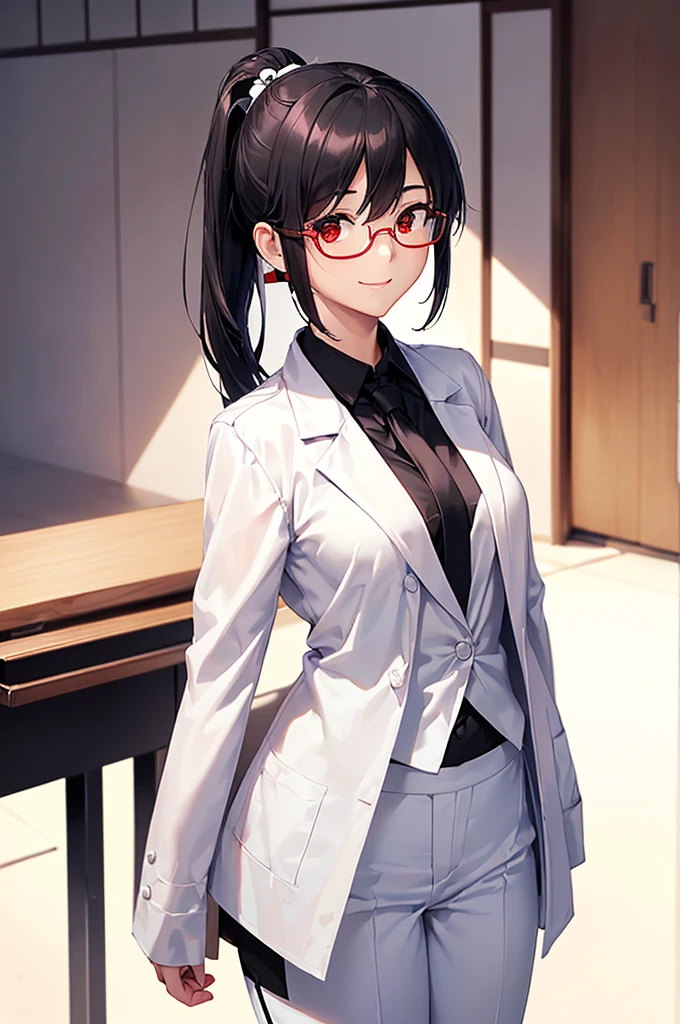 (masterpiece; best quality: 1.2), (finely detailed eyes: 1.3), ((25 year old woman)), ((solo)), (red eyes: 1.4), (body; gorgeous, lithe, femenine: 1.3), (black hair in low-ponytail: 1.3), (beautiful and clear background: 1.2), ((depth of field)), (equipment: white unbuttoned labcoat + black shirt + white tie + white pants + black square glasses: 1.3), (anime illustration: 1.2), (background composition; japanese highschool classroom + furniture: 1.1), (extremely fine and beautiful: 1.1), (shot composition; standing + centered on torso + close-up: 1.5), (expression; calm, smile: 1.2)