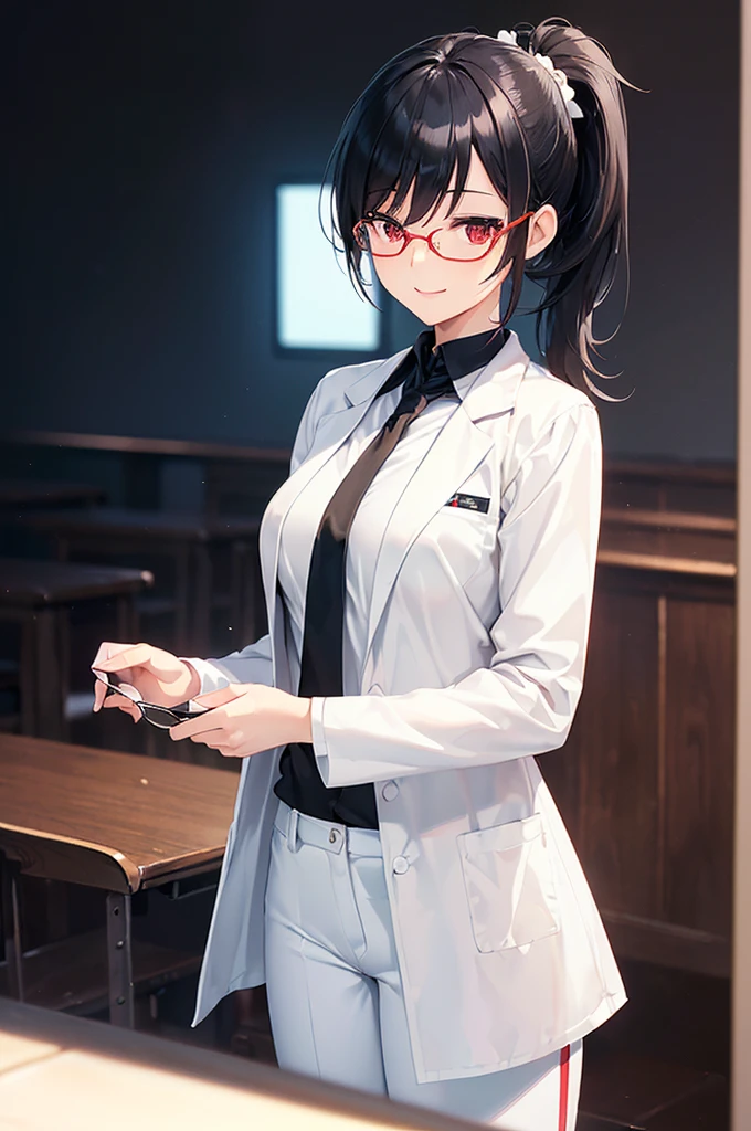 best quality,masterpiece, HDR,UHD,8K,Vivid Colors, extreme detail description,
25-year-old female, black hair, black eyes,side braids, asymmetric bangs,
, glasses, labcoat, black sweater, black_pantyhose,
on laboratory,,pussy juice, pussy,
sweat,shy, giggling,happy, blush,