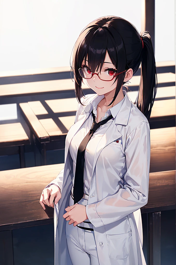 (masterpiece; best quality: 1.2), (finely detailed eyes: 1.3), ((25 year old woman)), ((solo)), (red eyes: 1.4), (body; gorgeous, lithe, femenine: 1.3), (black hair in low-ponytail: 1.3), (beautiful and clear background: 1.2), ((depth of field)), (equipment: white unbuttoned labcoat + black shirt + white tie + white pants + black square glasses: 1.3), (anime illustration: 1.2), (background composition; japanese highschool classroom + furniture: 1.1), (extremely fine and beautiful: 1.1), (shot composition; standing + centered on torso + close-up: 1.5), (expression; calm, smile: 1.2)