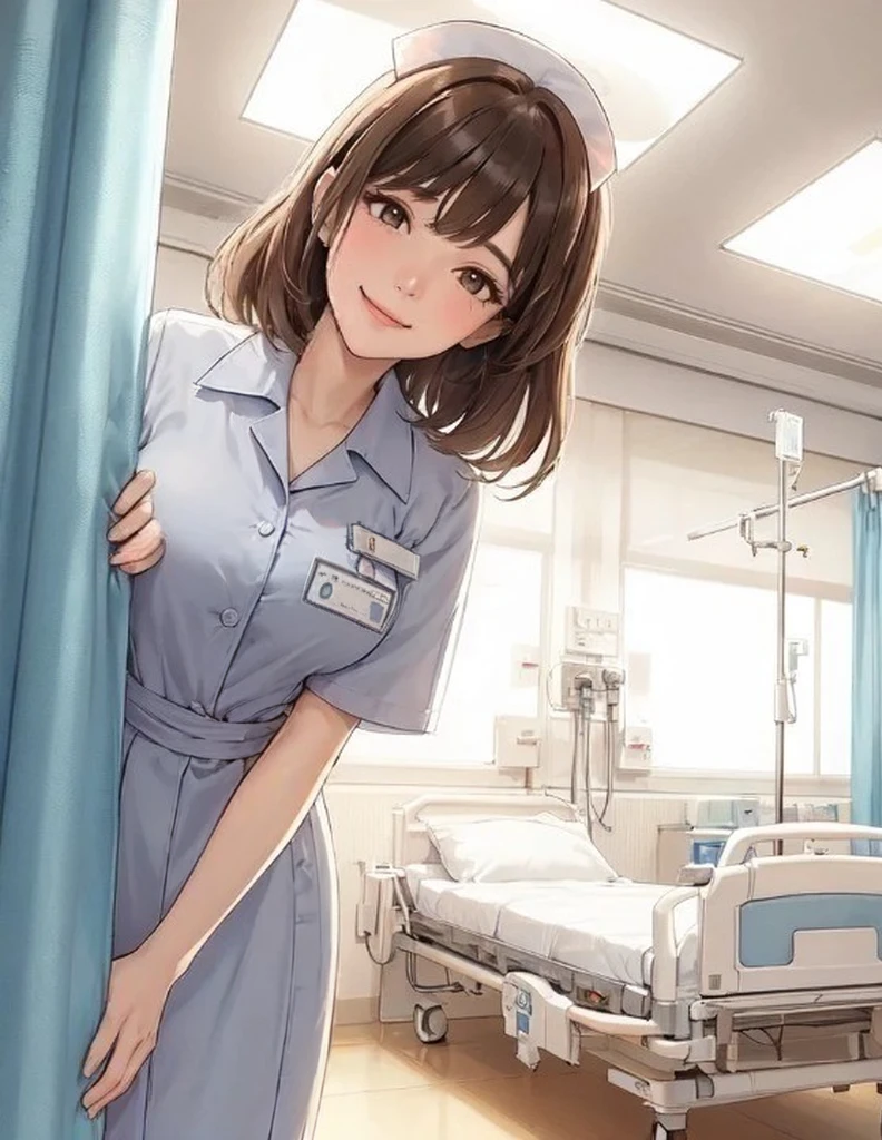 1lady solo, (looking down), (from below), (peeking out from behind partition curtain), healthcare worker, (nurse uniform), mature female, /(brown hair/) bangs, kind smile, (masterpiece best quality:1.2) delicate illustration ultra-detailed, large breasts BREAK (hospital room) indoors, (bright white ceiling:1.2), (perspective from bed:1.2), detailed background (ultra high detail satin nurce uniform:1.5)