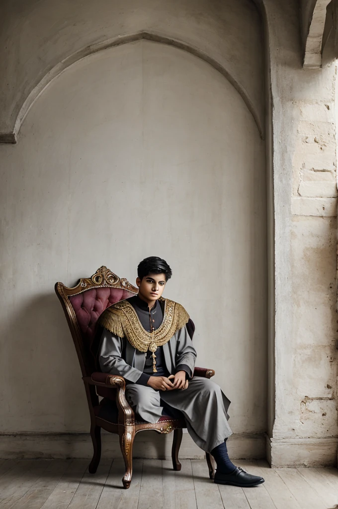 Create realistic image A 21 year old boy is sitting on a king chair with white wings and behind him the color of the wall is gray on which “PAKHRIN” is written in curve style