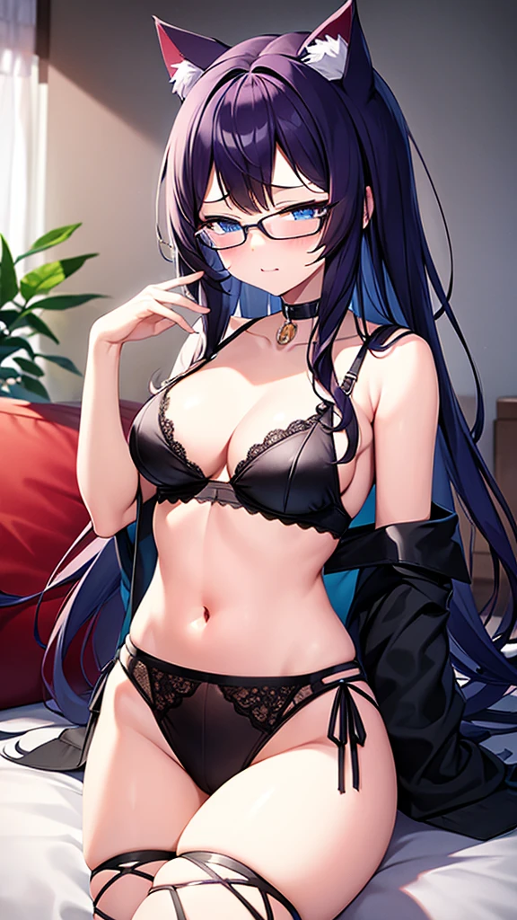 (Masterpiece), (best quality), Cat girl in her 20s, long hair, dark purple hair, chest, blue eyes, cat ears and cat tail, round glasses, black cat underwear.