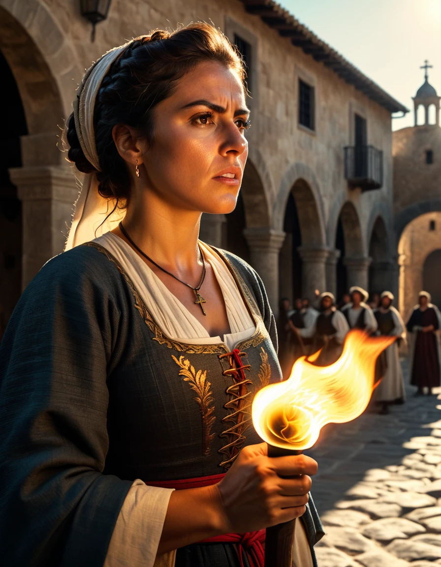 Medium plan.Torches. historically accurate Spanish woman 1400's, 8k, wide shot, cinematic composition, volumetric light, high detail, 8k, hdr, realistic, photography, angry and violent woman, sunlight, cinematic, photorealistic, cinematic lighting, cinematic filter, sharp focus, teaching Naive Americans Christianity  