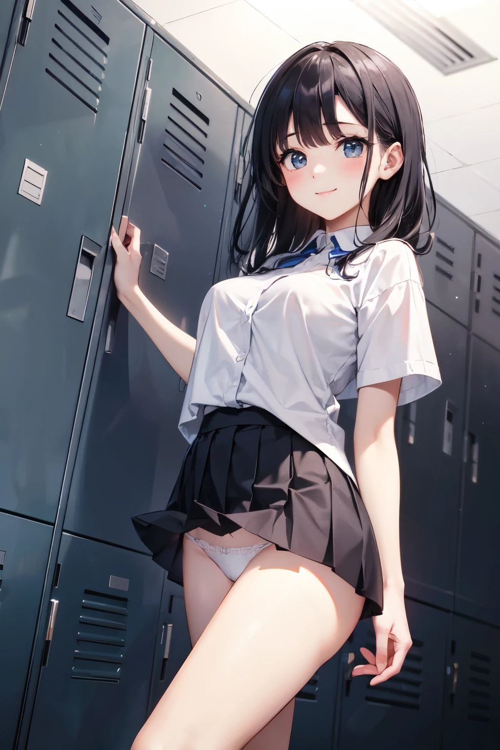 very cute and beautiful girl,(Very detailed美しい顔), (smile),blush,Black Hair,Seraphim,((White Shirt、Pleated mini skirt)),Are standing,(From below),(Lacy white panties), ((locker room、Steel Locker)), (Highest quality,masterpiece:1.0),Absurd,High resolution,Super detailed,Very detailed,32k,8K resolution, Intricate details,Movie Scenes,Detailed Background,alone,Dynamic Angle,