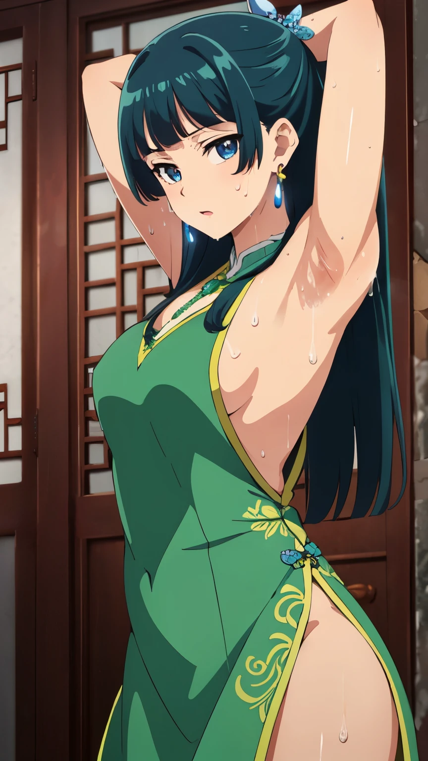 Top quality (8k, high resolution, masterpiece: 1.2), super detailed, anime art style, dynamic angle, teen style, (Chinese dress, exposed shoulders, earrings, indoor,), detailed green hair, detailed blue eyes, intricate hairstyle, long hair , slim body, sparkling eyes, youthful, hair accessories, earrings, half-updo, slightly dull bangs, detailed lighting, bright colors, looking at the viewer, in the center of the image, cowboy shot, ((hd armpits)), super detailed armpits, ((full of sweat)), sweaty, ((dripping wet armpits)), close up armpits