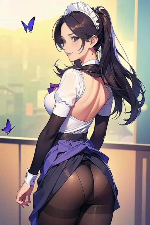 Highest quality, Official Art, masterpiece, Fabric Shading, High resolution, Very detailed, colorful, Best details,(masterpiece:1.2, Highest quality), (Realistic, photoRealistic:1.4), Beautiful illustrations, Bow tie staring at the audience, Front view, (((Maid clothes with wide open chest))) 30 years old, Perfect Face, Cute symmetrical face, Shiny skin, Random hairstyle, Big eyes, Droopy eyes, Long eyelashes, Beautiful thighs, Tall and beautiful hair, Beautiful Face, Beautiful and beautiful eyes, Beautiful clavicle, Beautiful body, Beautiful breasts, Beautiful thighs, Beautiful legs, Beautiful fingers, ((((Back view))))、 (Beautiful views),(business office background), (smile), (((Skirt flip, Butterfly Panties and pantyhose are visible)))