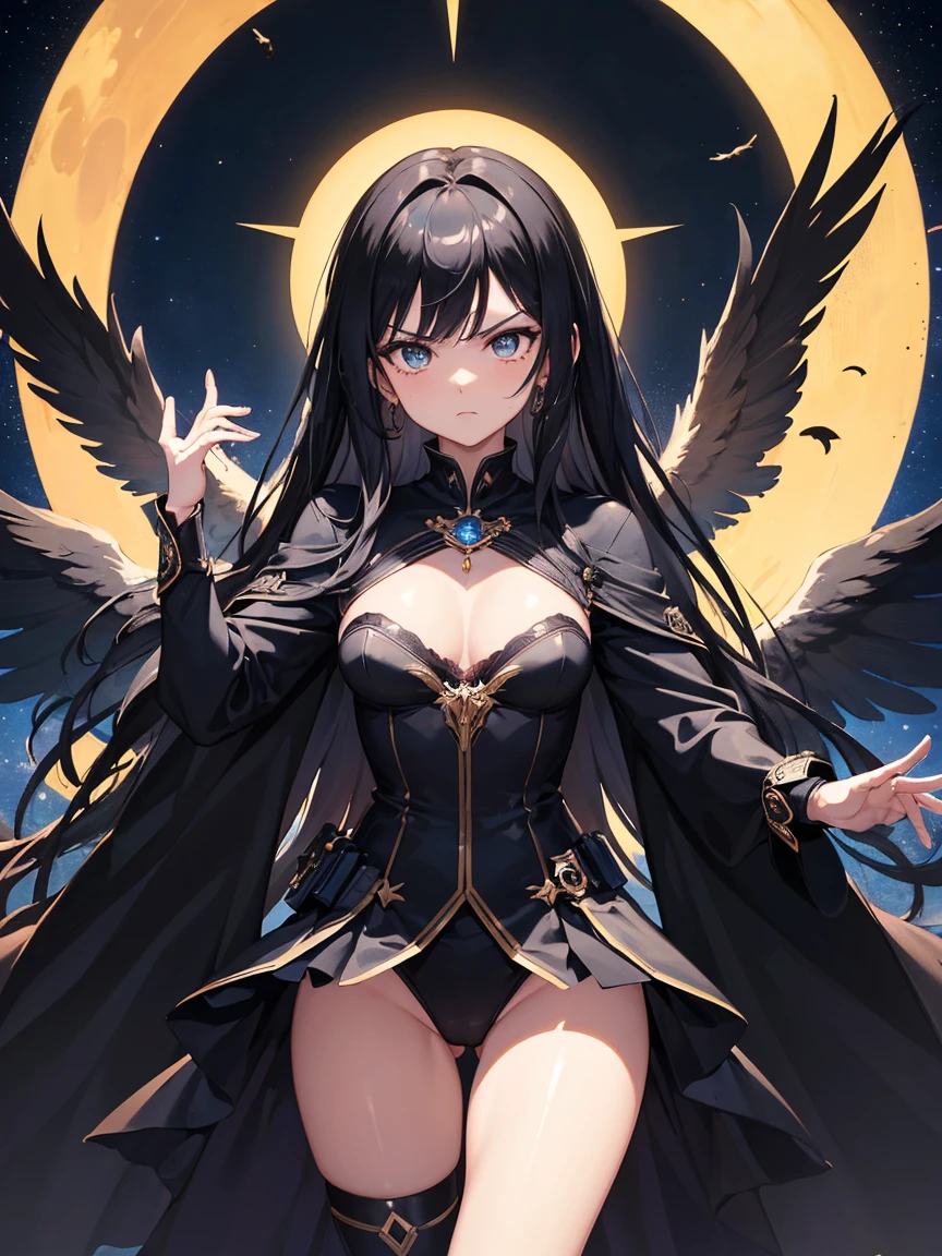 ((Masterpiece))，(Best Quality)，(Highest resolution)，(8K)，(Clean lines)，(Perfect Face，Perfect meat)，(Official Art), Cowboy Shot,（Magical girl）,villain,  Black Costume, Long Hair,  large black feathers, Night Sky, Angry face