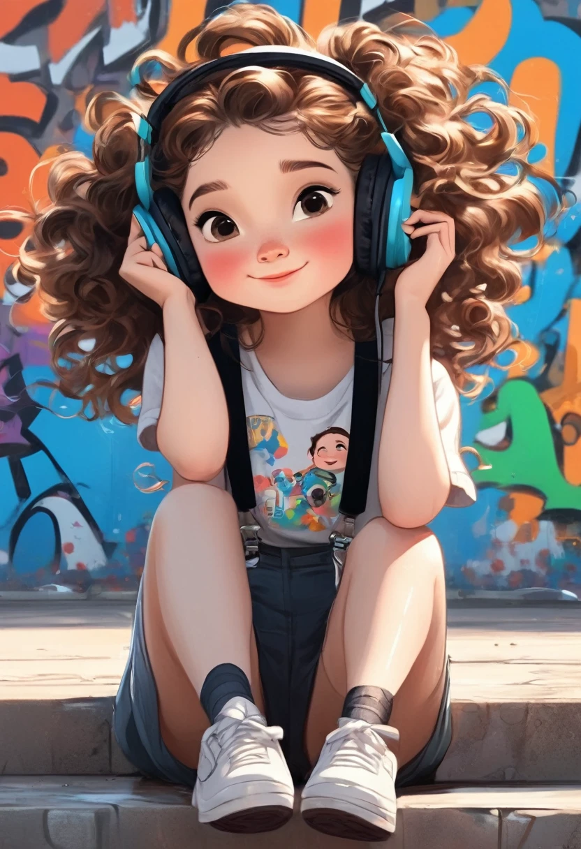 A cute girl,Sitting in front,Wearing headphones,She has curly brown hair,Close-up,45 degree viewing angle,Wearing a black suspender,Graffiti illustration,Pixar style,Ultra-clear,high quality