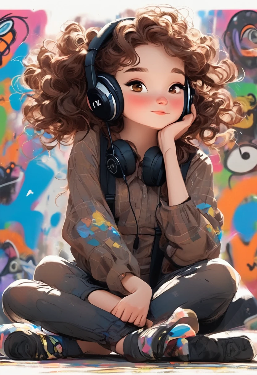 A cute girl，Sitting in front，Wearing headphones，She has curly brown hair，Close-up，45 degree viewing angle，Wearing a black suspender，Graffiti illustration，Pixar style，Ultra-clear，high quality