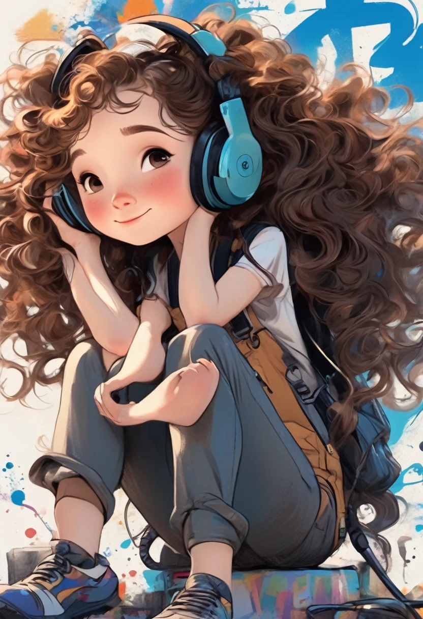 A cute girl,Sitting in front,Wearing headphones,She has curly brown hair,Close-up,45 degree viewing angle,Wearing a black suspender,Graffiti illustration,Pixar style,Ultra-clear,high quality