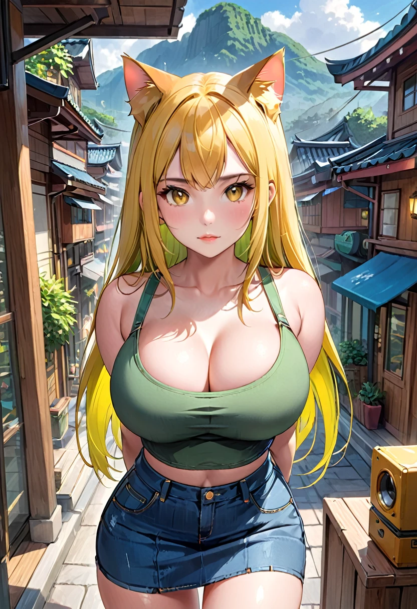 (( ภาพstraight face )) ((best quality)),  ((Masterpiece)), (details), Young woman ,cat ears ,yellow hair , beautiful girl hair , according to green  , Hot outfit, jeans skirt , bright , big breasts , , straight face ,outpost