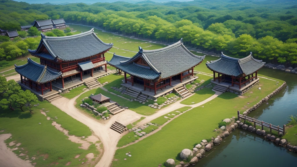Korean ancient village, Aerial view, Photorealistic photos, High definition, 8K