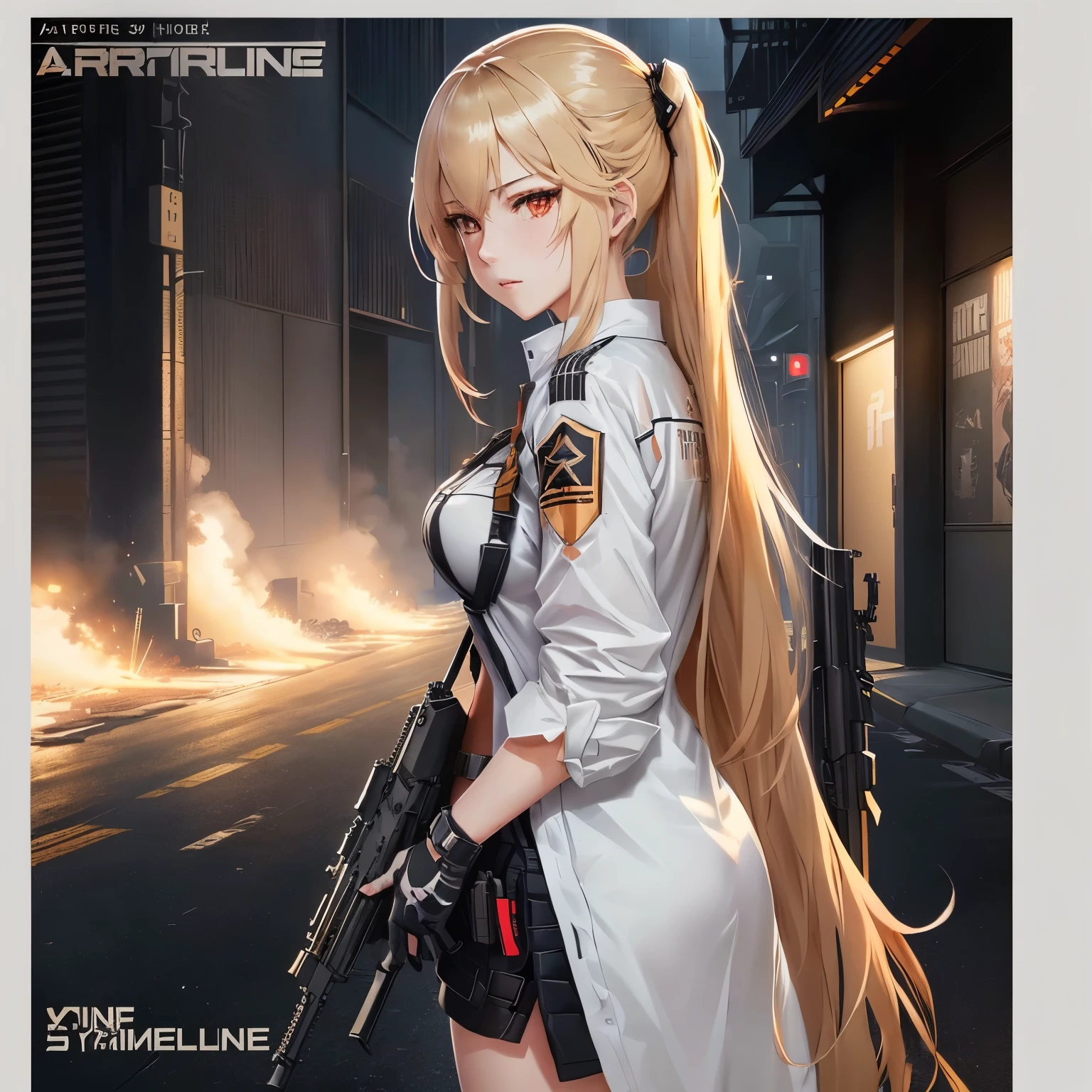 Anime poster of a woman with a gun and a shirt, Fine details. Girls Frontline, from Girls Frontline, Girls Frontline cg, Black Photo, From Arknights, Attractive anime girl, Fleet Collection Style, Art Book Artwork, m4 sopmod ii Girls Frontline, Anime poster, a-1 image, Complete art, High detail photos, Girls Frontline style
