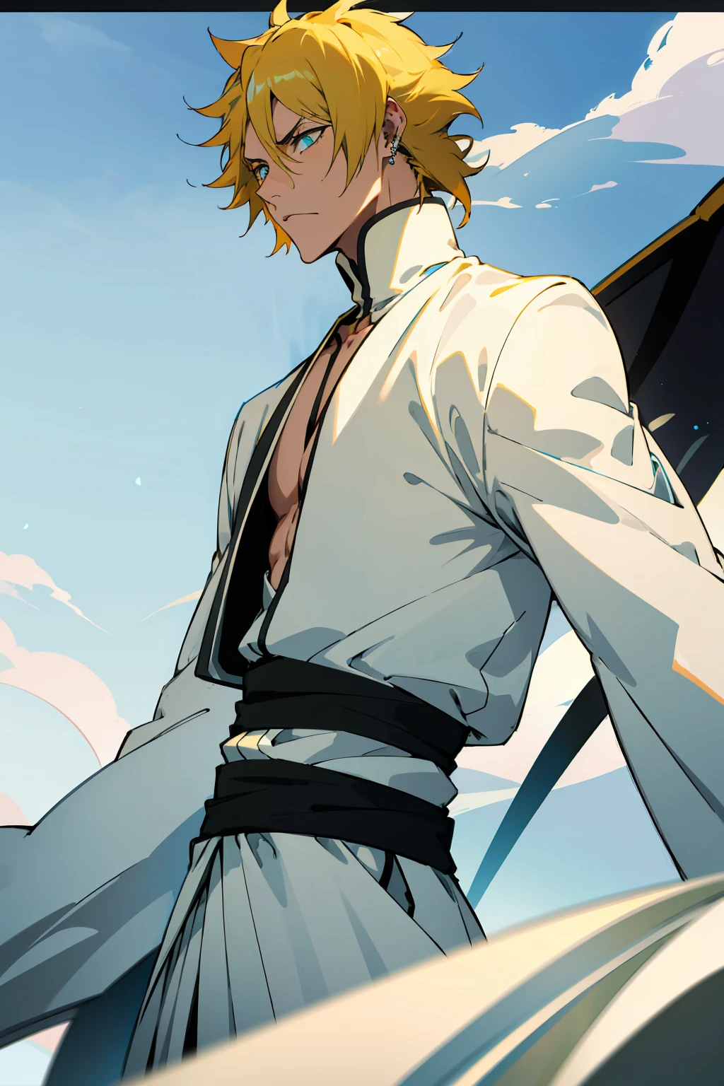 1male, Young Adult, Short Hair, Black Colored Hair, Yellow Highlights, Two Toned Hair, Sky Blue Eyes, Bleach, Hueco Mundo, Arrancar Clothing, Sunny, Muscular, White Coat, Detailed Eyes, Wavy Hair, Earring