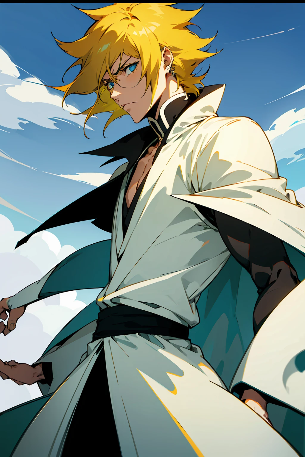 1male, Young Adult, Short Hair, Black Colored Hair, Yellow Highlights, Two Toned Hair, Sky Blue Eyes, Bleach, Hueco Mundo, Arrancar Clothing, Sunny, Muscular, White Coat, Detailed Eyes, Wavy Hair, Earring