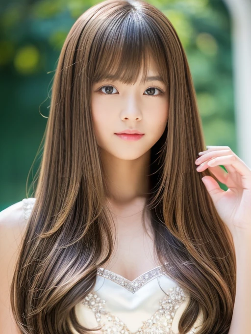 ((whole body)) (big 1.4) Beautiful Fantasy Girl ((Highest quality)), ((masterpiece)), (Get used to it), Perfect Face (1 Girl) (French) (she is 15 years old、The cutest teen in France.) ((Highest quality)), ((masterpiece)), length blonde hair length, 輝く茶colorの髪,Golden Silky Hair, Straight Brown Hair, length blonde straight hair, Perfect Silky Straight Hair, Straight Brown Hair, length blonde hair, sheの髪は長くてまっすぐだ, detailed length ((big 1.4)) Super Long Hair down to the ankles ((Neat bangs The neatly trimmed bangs are princess cut and cover the entire forehead......))... 明るい深紅colorの唇 good, Anatomically correct hand Thin fingers Anatomically correct5本の指 Sexy professional makeup Beautiful French girl face, French facial features, Long Hair shiny Long Hair, length, 輝く茶colorの髪, length, Straight Brown Hair, sheの髪は長くてまっすぐだ, Super Long Hair girl, Silky Hair, Brown hair, Silky Hair, length, Flat Hair, Silky texture, Long Hair, length, Flowing brown hair, thin and shiny hair Anatomically correct、White beautiful human skin and detail of hands and fingers Beautiful Eyes Mouth Details the corners of the mouth rise slightly Cool look (眉毛のcolorは濃い茶colorです) (黄color dress posing for a picture, Disney Portraits, tumbler, What it is?, wearing organza gown, dressed beautiful gown, lady using 黄color dress, color: 黄color, A woman wearing a sparkly floral dress, elegant 黄color skin, gown, Fantasy Dress, Formal Wear, light 黄color beautiful gown, 黄color theme ) (A church with high quality stained glass..) (she'Random Pause) (Random model standing pose)、Dressed in a white tank top