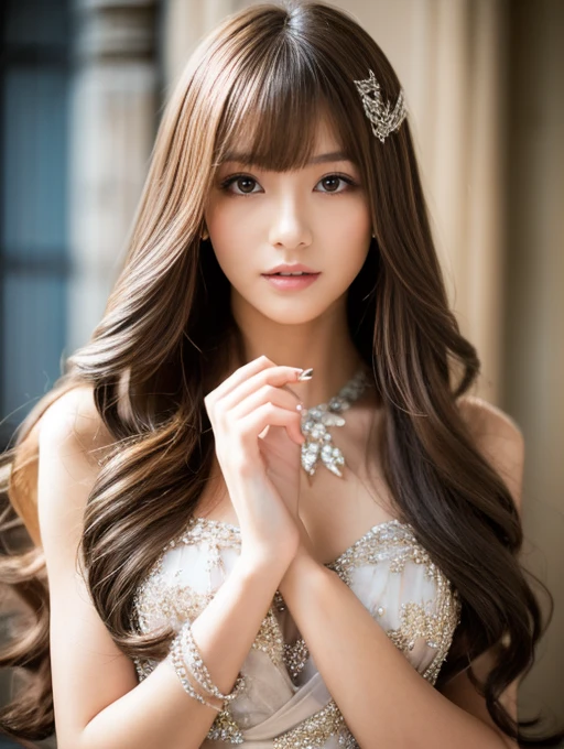 ((whole body)) (big 1.4) Beautiful Fantasy Girl ((Highest quality)), ((masterpiece)), (Get used to it), Perfect Face (1 Girl) (French) (she is 15 years old、The cutest teen in France.) ((Highest quality)), ((masterpiece)), length blonde hair length, 輝く茶colorの髪,Golden Silky Hair, Straight Brown Hair, length blonde straight hair, Perfect Silky Straight Hair, Straight Brown Hair, length blonde hair, sheの髪は長くてまっすぐだ, detailed length ((big 1.4)) Super Long Hair down to the ankles ((Neat bangs The neatly trimmed bangs are princess cut and cover the entire forehead......))... 明るい深紅colorの唇 good, Anatomically correct hand Thin fingers Anatomically correct5本の指 Sexy professional makeup Beautiful French girl face, French facial features, Long Hair shiny Long Hair, length, 輝く茶colorの髪, length, Straight Brown Hair, sheの髪は長くてまっすぐだ, Super Long Hair girl, Silky Hair, Brown hair, Silky Hair, length, Flat Hair, Silky texture, Long Hair, length, Flowing brown hair, thin and shiny hair Anatomically correct、White beautiful human skin and detail of hands and fingers Beautiful Eyes Mouth Details the corners of the mouth rise slightly Cool look (眉毛のcolorは濃い茶colorです) (黄color dress posing for a picture, Disney Portraits, tumbler, What it is?, wearing organza gown, dressed beautiful gown, lady using 黄color dress, color: 黄color, A woman wearing a sparkly floral dress, elegant 黄color skin, gown, Fantasy Dress, Formal Wear, light 黄color beautiful gown, 黄color theme ) (A church with high quality stained glass..) (she'Random Pause) (Random model standing pose)、Dressed in a white tank top