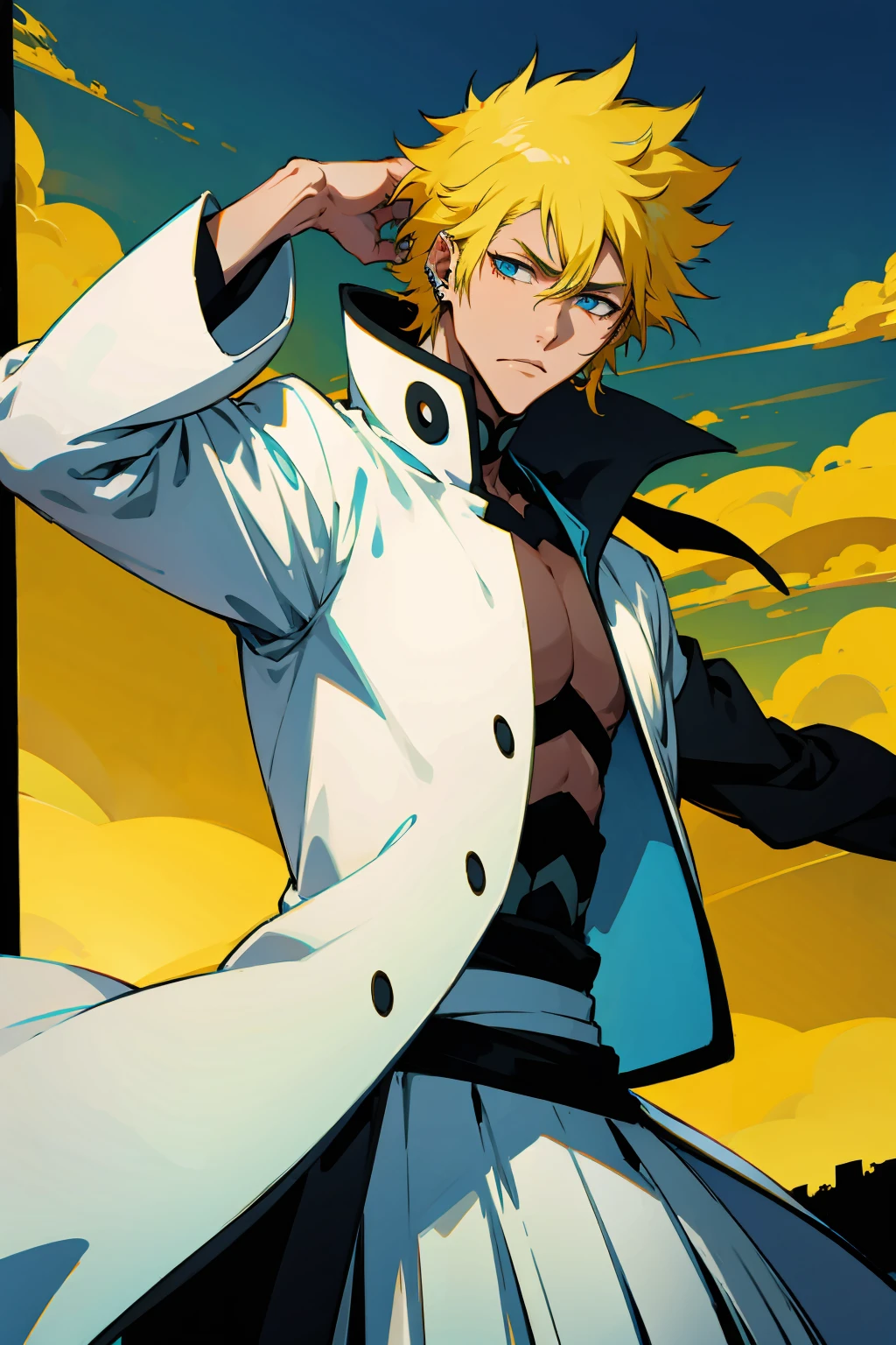 1male, Young Adult, Short Hair, Black Colored Hair, Yellow Highlights, Two Toned Hair, Sky Blue Eyes, Bleach, Hueco Mundo, Arrancar Clothing, Sunny, Muscular, White Coat, Detailed Eyes, Wavy Hair, Earring