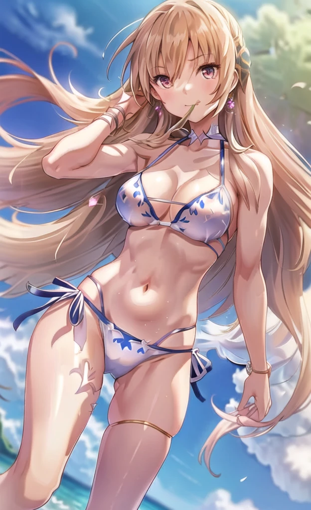 Anime Artwork Highly Detailed CG Unity 8K Wallpaper, Realistic, A girl by Guido Daniele, Swimwear, Long Hair, chest, (((White bikini with a flashy pattern))), alone, belly button, Day, Outdoor, chestの谷間, White bikini with a flashy pattern, Blonde, smile, null, blue null, very Long Hair, cloud, medium chest, side-tie bikini bottom, Blurred, clavicle, ribbon, Mouth closed, Blurred background, Thigh Gap, put your hands in your hair, thigh ribbon, Halter neck, Are standing, jewelry, handrail, bangs, Stomach, Thigh straps, Floating Hair, Bare shoulders ,(((Body))),