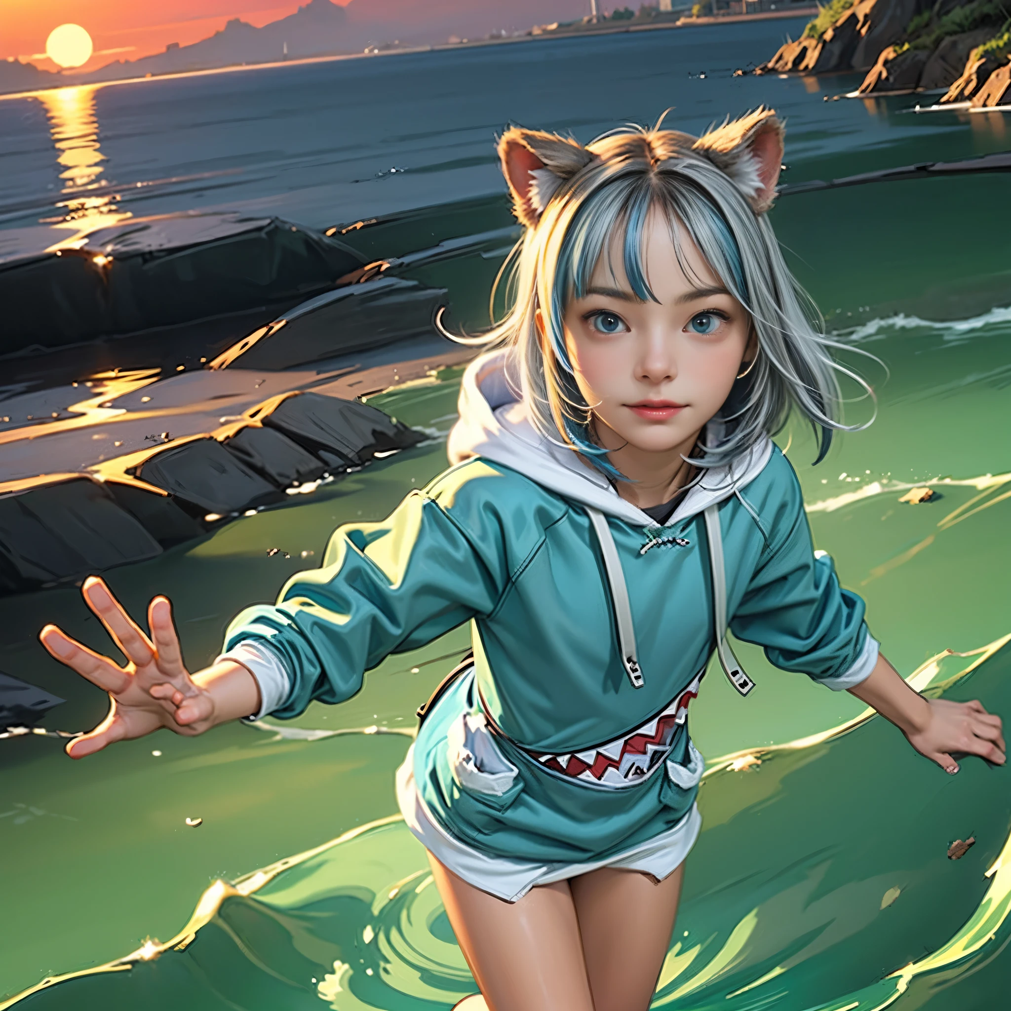 ((gawr gura, gura hoodie ,blue hoodie, shark hood))、(Light blue eyes_Light blue mesh on gray hair:1.9_Beautiful girl jumping into the sea)、(Correct Anatomy:1.5)、Big splash、Mischievous look、Dramatic Sunset、Detailed face and eyes、Flowing Hair、beautifully detailed costumes、calm ocean landscape、Golden Hour Lighting、Photorealistic、8K、A highly detailed masterpiece