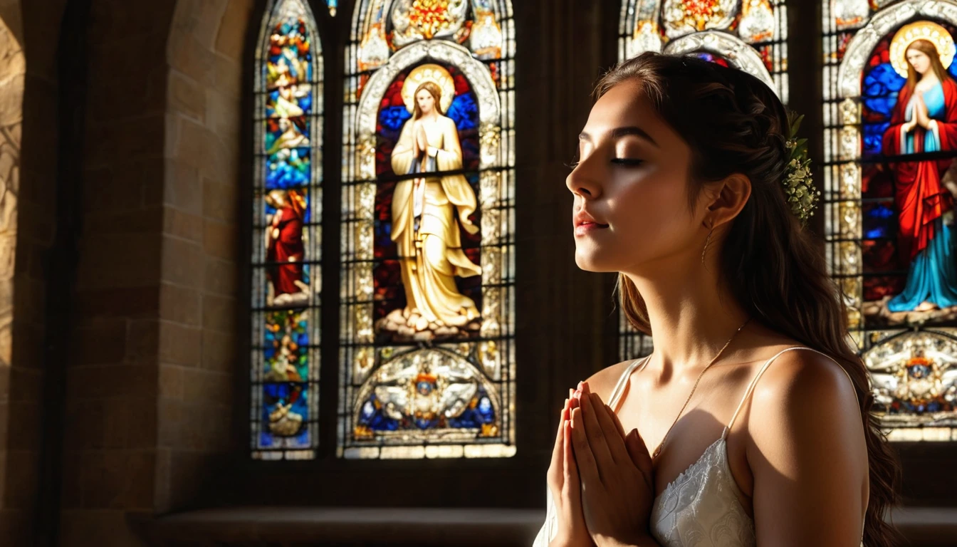 (best quality,4k,8k,highres,masterpiece:1.2),ultra-detailed,(realistic,photorealistic,photo-realistic:1.37),cathedral,girl praying to God,nude,artistic photo,pure beauty,sunlight streaming through stained glass windows,serene expression,innocent and ethereal,breathtaking atmosphere,hushed whispers of devotion,divine connection,transcendent moment,sacredness,dreamlike quality,sublime lighting,architectural magnificence,divine embrace,elaborate sculptures and carvings,heavenly aura,spiritual journey,vibrant colors,dappled light,ethereal glow,heavenly realm,the girl's graceful curves highlighted by the sunlight,female form celebrated as art,prayerful solitude,peaceful serenity,spiritual enlightenment,unspoken desires,touch of vulnerability,celestial ethereality,magical realism,exquisite details,poetic composition