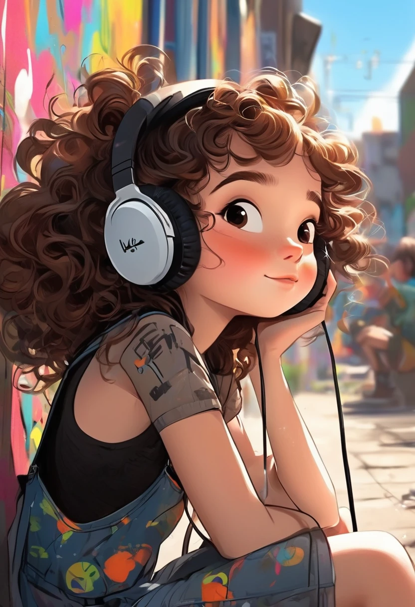A cute girl，Sitting in front，Wearing headphones，She has curly brown hair，Close-up，Side view，Wearing a black suspender，Graffiti illustration，Pixar style，Ultra-clear，high quality