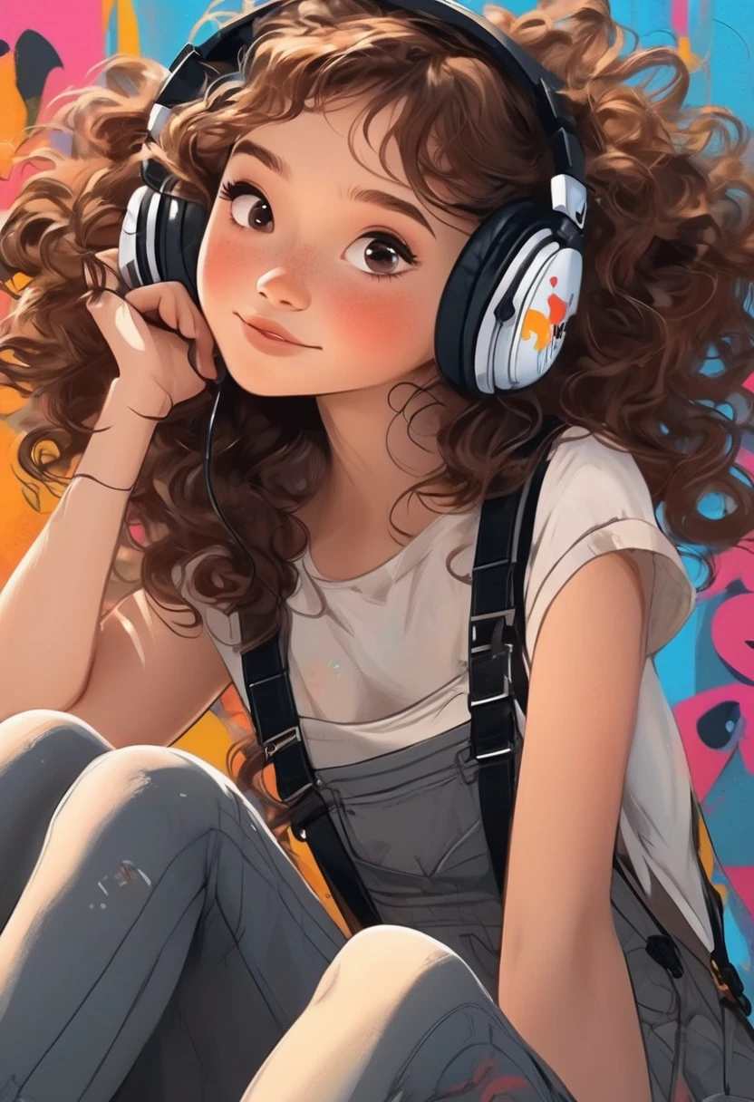 A cute girl，Sitting in front，Wearing headphones，She has curly brown hair，Close-up，Side view，Wearing a black suspender，Graffiti illustration，Pixar style，Ultra-clear，high quality