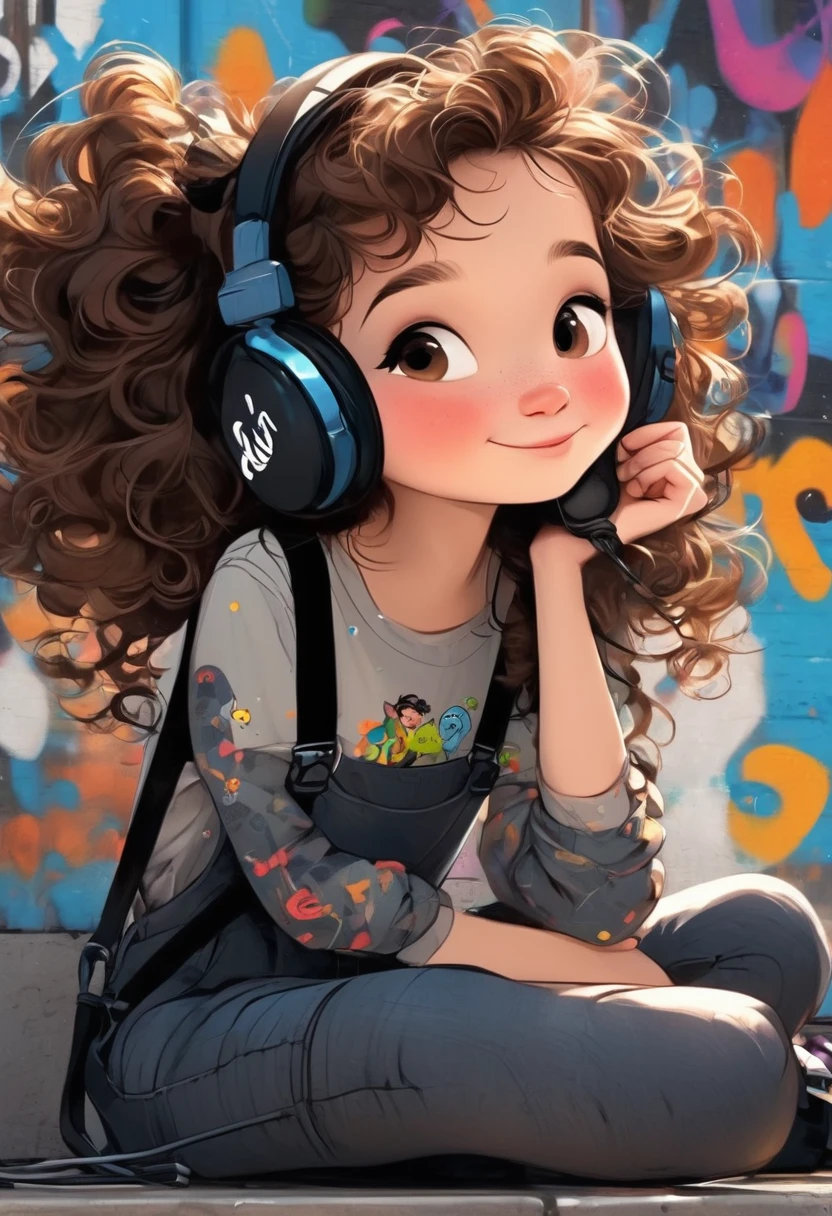 A cute girl，Sitting in front，Wearing headphones，She has curly brown hair，Close-up，Side view，Wearing a black suspender，Graffiti illustration，Pixar style，Ultra-clear，high quality