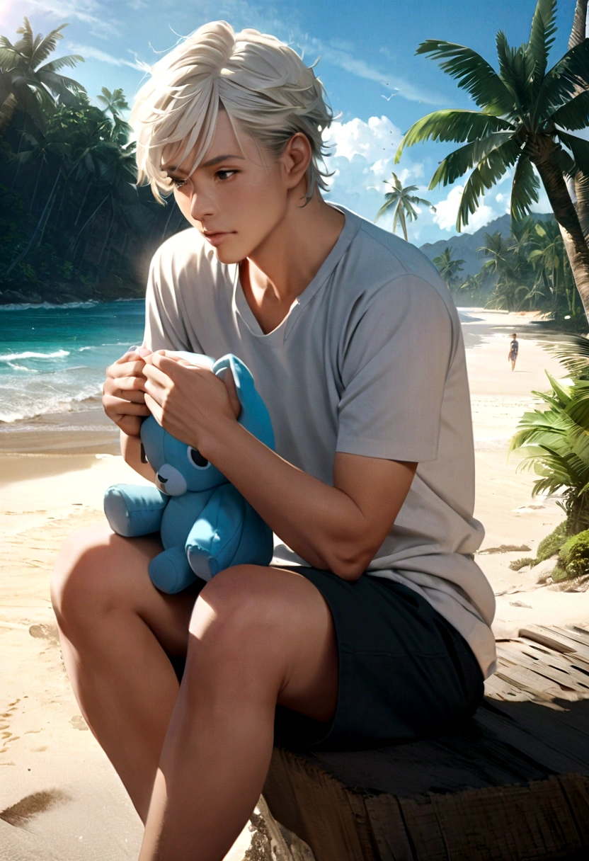 30 years old man with long white hair,  thoughtful with a stuffed animal in his hands , sitting on the beach with palm trees , very beautiful looking at the beach fully HD , anime ,hyperrealistic 