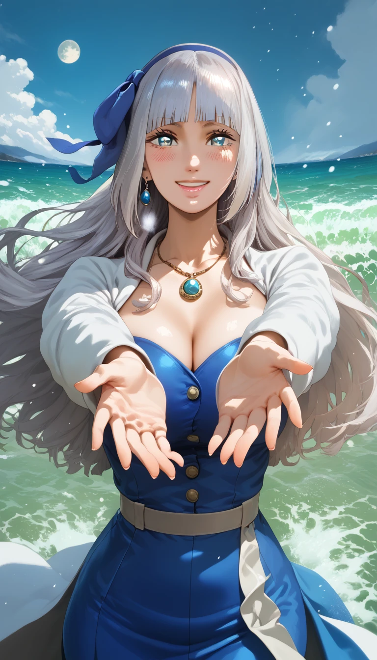 score_9, score_8_up, score_7_up, score_6_up, uncensored, mylene, long hair, silver hair, blunt bangs, blue hairband, blue eyes, necklace, BREAK (masterpiece:1.2), best quality, high resolution, (detailed eyes:1.3), perfect lighting, (perfect hands, perfect anatomy), large breasts, soft focus, fantasy art, moon, full_moon, gloves, snow, outstretched_arms, ocean, black_gloves, 1girl, long_hair, waves, coat, solo, outdoors, black_coat, long_sleeves, water, snowing, buttons, breath, looking_at_viewer, winter, reaching_out, smile, spread_arms, winter_clothes